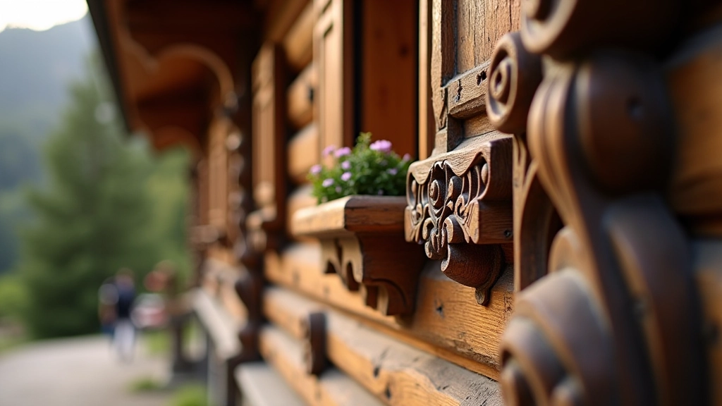 Detail tradiční dřevěné chalupky s ornamentálními prvky